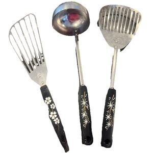Vintage Stainless Steel Cooking Utensils Set USA Black Handle Ekco Kitchamajig